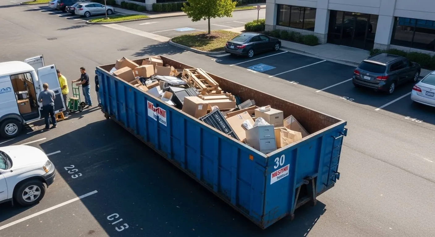 Commercial roll-off dumpster being loaded in an office park parking lot in Mooresville, NC Commercial roll-off dumpster being loaded in an office park parking lot in Mooresville, NC