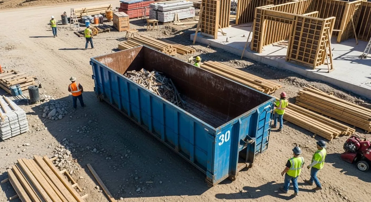 Demolition debris being loaded into a roll-off container on a jobsite near Mooresville, NC