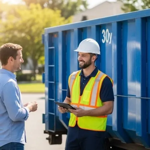 Race City Dumpster Rental driver talking a customer through container placement in Mooresville, NC