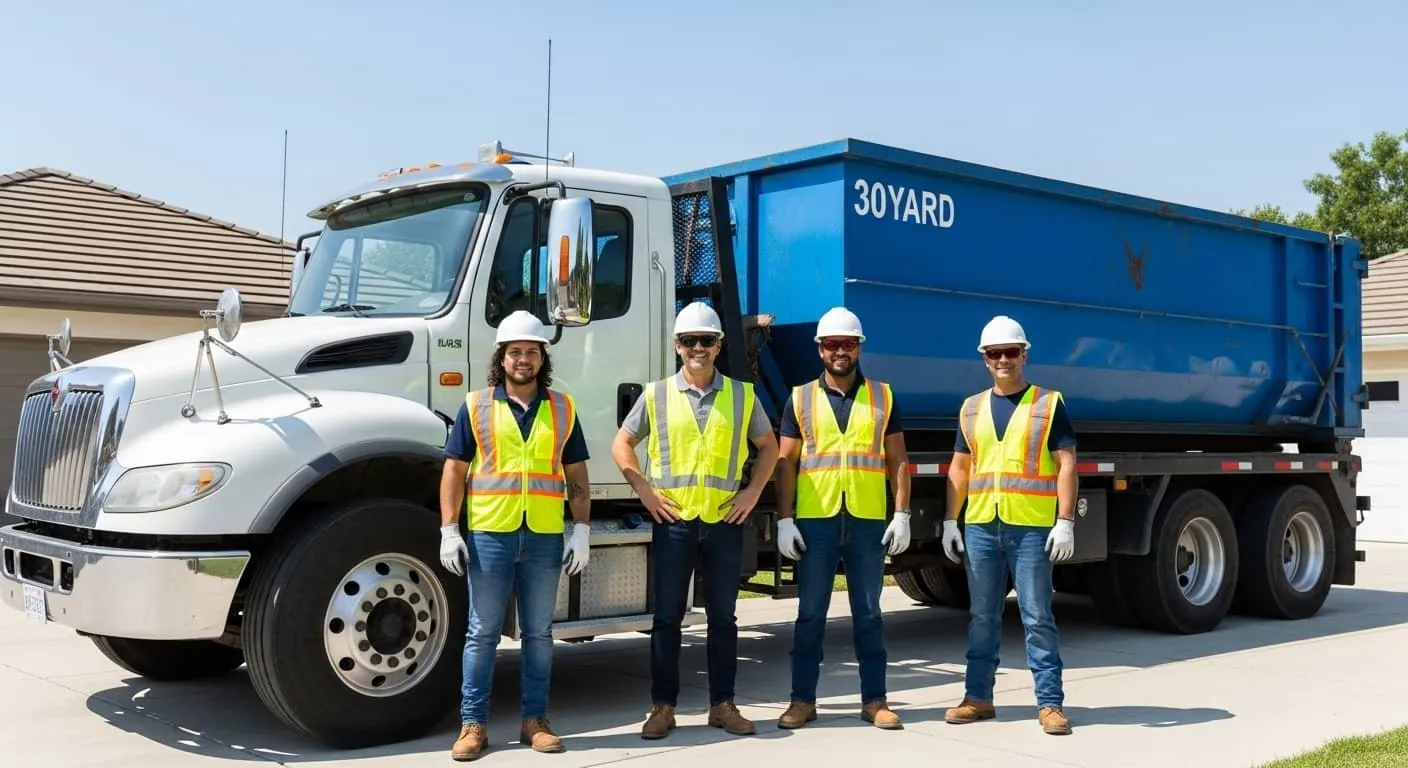 Race City Dumpster Rental crew standing with a roll-off truck and 30 yard dumpster in a Mooresville, NC driveway