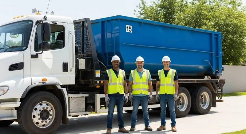 Race City Dumpster Rental crew beside a roll-off truck loaded with a 15 yard container in Mooresville, NC