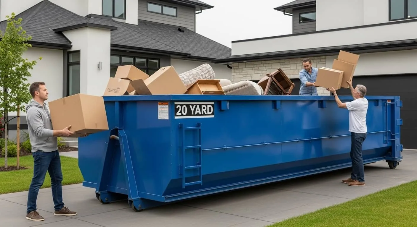 Estate cleanout dumpster in a residential driveway in Mooresville, NC with household contents being loaded