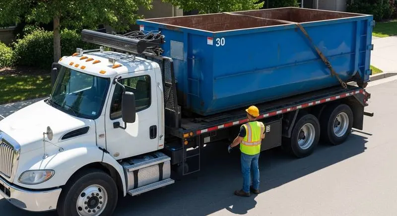 Roll-off truck delivering a 30 yard dumpster on a residential street in Mooresville, NC